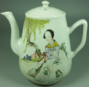 清代瓷器 大名家徐善琴 浅降彩仕女纹 全品 执 壶 古玩古董古瓷