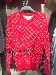【双11特惠】红色网格男士V领毛衣提花针织衫0367846 HM专柜正品