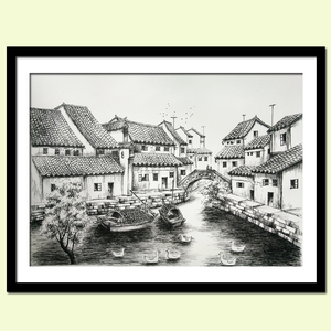钢笔画/现代黑白装饰画/钢笔风景画/江南水乡/建筑手绘速写/包邮