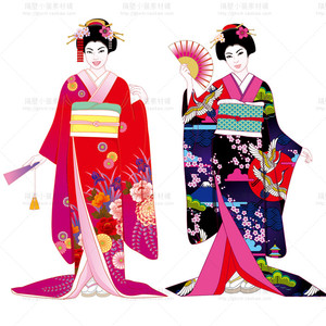 手绘日本传统服装艺伎穿和服女人插画图案 eps矢量设计素材 15p