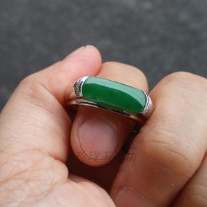 【玲珑玉饰坊】18k白金钻石镶嵌a货满绿辣绿翡翠马鞍戒指男戒24号