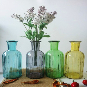 简约复古欧式玻璃花瓶小口竖条透明彩色玻璃花瓶2款4色批发
