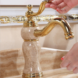 金色全铜冷热水龙头玉石台面盆浴室柜复古欧式轻奢美式卫生间单孔