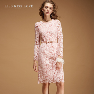 kiss kiss love秋冬新款女装蕾丝裙洋装粉色长袖蕾丝连衣裙