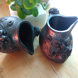 舌尖上的中国 云南尼西纯手藏式黑陶土陶 酥油茶罐土茶罐 牛头纹