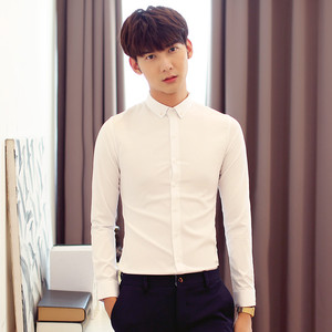 秋季款韩版修身新款男士长袖衬衫青少年纯色休闲紧身加绒加厚衬衣