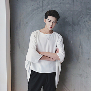 夏季薄款短袖t恤男宽松大码韩版潮流简约百搭前短后长个性雪纺衫