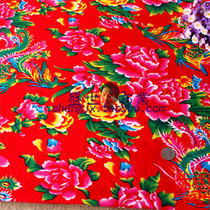 大红色东北大花布料/加厚全棉凤凰牡丹花印花布/被套被面沙发布料