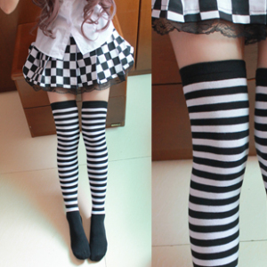 学院风春秋百搭新款黑白条纹长筒袜丝袜 日本斑马纹高筒过膝棉袜