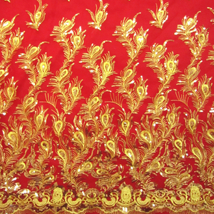 凤凰尾羽毛红色新娘婚纱晚礼服布料网纱亮片绣花蕾丝金黄刺绣面料