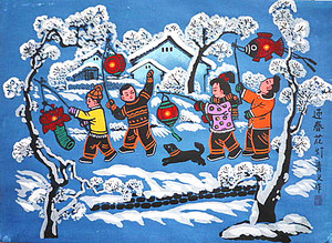 春节正月十五打灯笼过年民风民俗雪景陕西户县农民画尺寸52x38cm