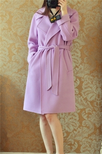 韩国原单粉紫色中长款香芋紫浴袍腰带粉色宽松厚实双面呢羊绒大衣