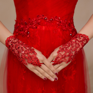 新娘手套 奢华闪亮韩式新款红色 白色蕾丝 短款露指 婚纱配饰手套