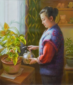 朝鲜油画 洪云石 浇水的女人 102x90 2017年 图们江画廊