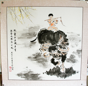 古玩字画书画国画水墨画收藏装裱-纯手绘牧童骑牛吹笛斗方预定
