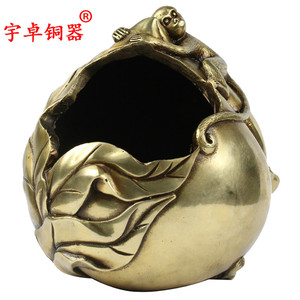 宇卓铜器猴子寿桃福寿禄工艺品摆件 纯铜烟缸黄铜烟缸