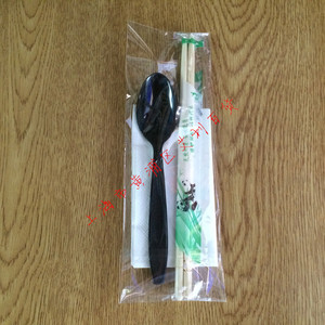 一次性餐具 中餐套装 黑色尖头勺子+筷子+餐巾纸 打包外送餐具