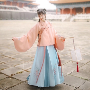 汉尚华莲传统汉服女装日常冬款琵琶袖双层袄裙粉色齐腰花蝶刺绣