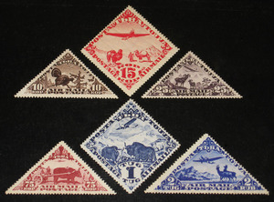 俄罗斯235◆图瓦1934年航空邮票-杂种牛骆驼鹿飞机等新六枚(无胶)