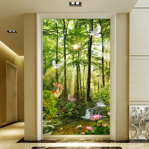 3d5d立体玄关过道走廊竖版阳光森林溪水自然风景背景墙纸壁纸壁画