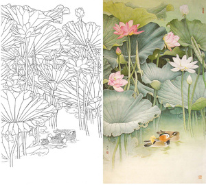 工笔白描底稿荷花鸳鸯66*120实物白纸打印稿含彩图037t