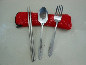 帆布拉链餐具三件套 便携旅行套装 叉子勺子筷子红布袋不锈钢餐具