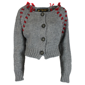 6折 英国代购Vivienne Westwood灰色红线圆领短款针织开衫毛衣