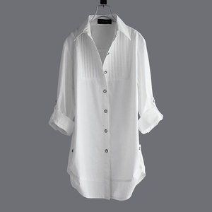 白色衬衫女中长纯棉新款2023年春打底显瘦时尚款洋气 外穿长袖衬