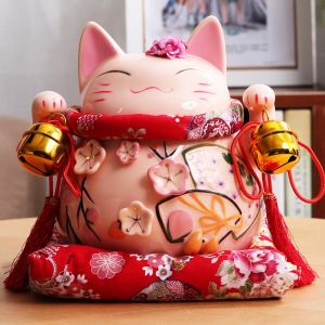正版日本工艺大号8寸粉色大花季招财猫摆件开业存钱罐储蓄罐