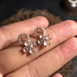 s925银镶嵌 缅甸天然a货玉石蛋面 冰种翡翠耳钉玉耳环女款