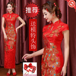 旗袍长款开叉2018新款新娘结婚敬酒服晚礼服红色凤凰刺绣演出服