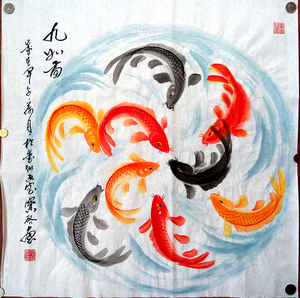 鲤鱼原稿手绘四尺斗方花鸟转运气太极九鱼图水墨画水国画餐客厅飞