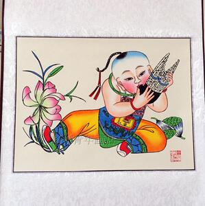 天津杨柳青年画木板宣纸手绘小尺寸画轴连生贵子娃娃民俗特色礼品