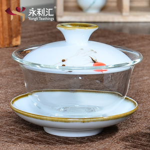 永利汇耐热加厚玻璃盖碗陶瓷手绘三才茶碗泡茶杯小号功夫茶具单个