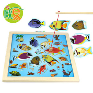 儿童木制磁性钓鱼拼板拼图宝宝积木早教益智类玩具木质拼图板教具