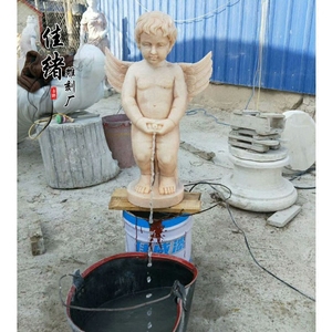 大理石撒尿小男孩流水喷泉天然晚霞红欧式石雕小尿童小天使流水池