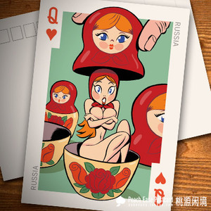 扑克美女-俄罗斯套娃美女红桃q新年礼物棋牌室装饰画芯明信片