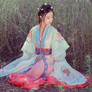 彼岸花汉服女绣花襦裙夏季新款白红色改良古装服装公主学生中国风