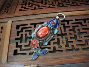 清代兴盛足银掐花丝景泰蓝 镶嵌红宝石鱼形老吊坠老银饰 古玩杂项