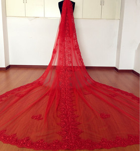 【涵妃娅】新款单层带发梳大红色三米长拖尾婚纱头纱影楼跟妆