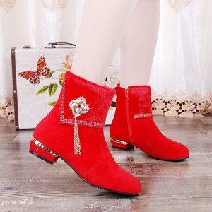 中式婚鞋冬季新娘鞋红色大码平底中筒孕妇结婚靴子低跟红鞋女短靴