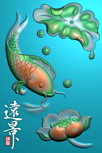 远景精雕 46牌鲤鱼戏莲带线 精雕图 灰度图 jdp精雕 浮雕图 荷花