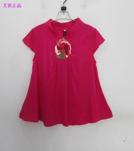 专柜正品牌夏季女装套头粘纤玫红色民族风精致多色刺绣花短袖衬衫