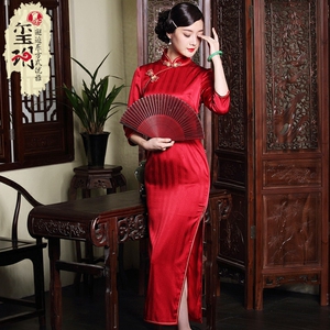 玺玥2017春季中袖红色真丝旗袍长款敬酒服婚礼复古中式连衣裙
