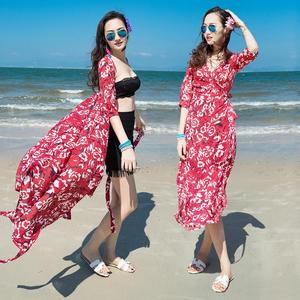 韩国波西米亚长裙马代裹身裙开叉五分袖连衣裙显瘦海边度假沙滩裙