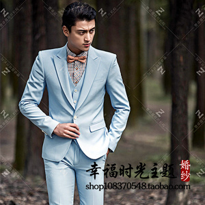 影楼工作室主题婚纱摄影拍照男士西服天蓝色三件套新郎结婚伴郎礼