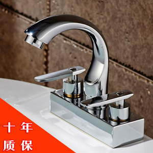 洗手间双把双孔面盆龙头冷热水双开冷暖水龙头脸盆旋转纯铜水龙头