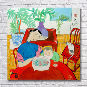 母子喂鱼图胡永凯漫画 纯手工古典人物油画复古风格挂画家居墙画