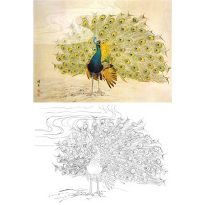 工笔画白描底稿孔雀开屏邹传安实物勾线打印稿66*90含彩图a513