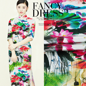 中国风真丝面料丝绸旗袍礼服连衣裙布料重磅喷绘弹力缎水墨荷香